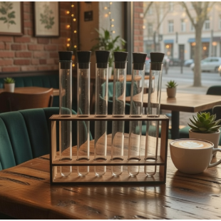 Штатив однорядный (деревянная подставка) для 6 пробирок 20мл (подходит и для 17мл пробирок), с 6 пробирками в комплекте